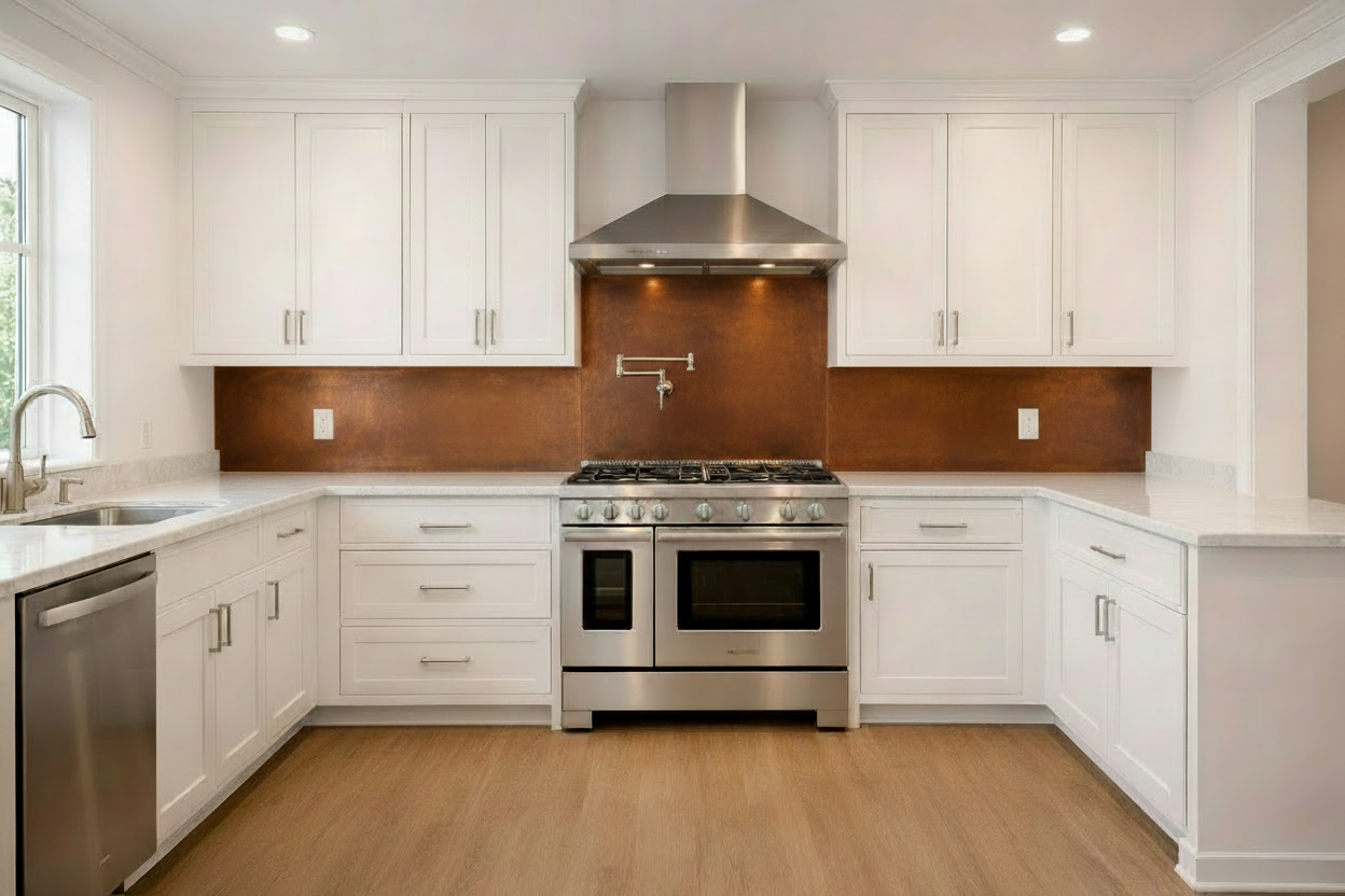 Brown Copper Backsplash — White Shaker Kitchen