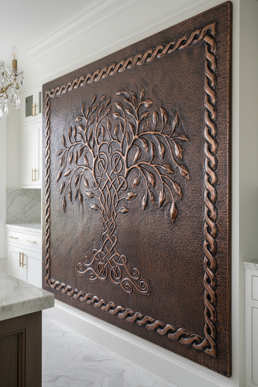 Brown Copper Celtic Tree of Life Panel EXTREMELY CLOSE Stove Backsplash Slight Angled Left View Dream Luxury Kitchen