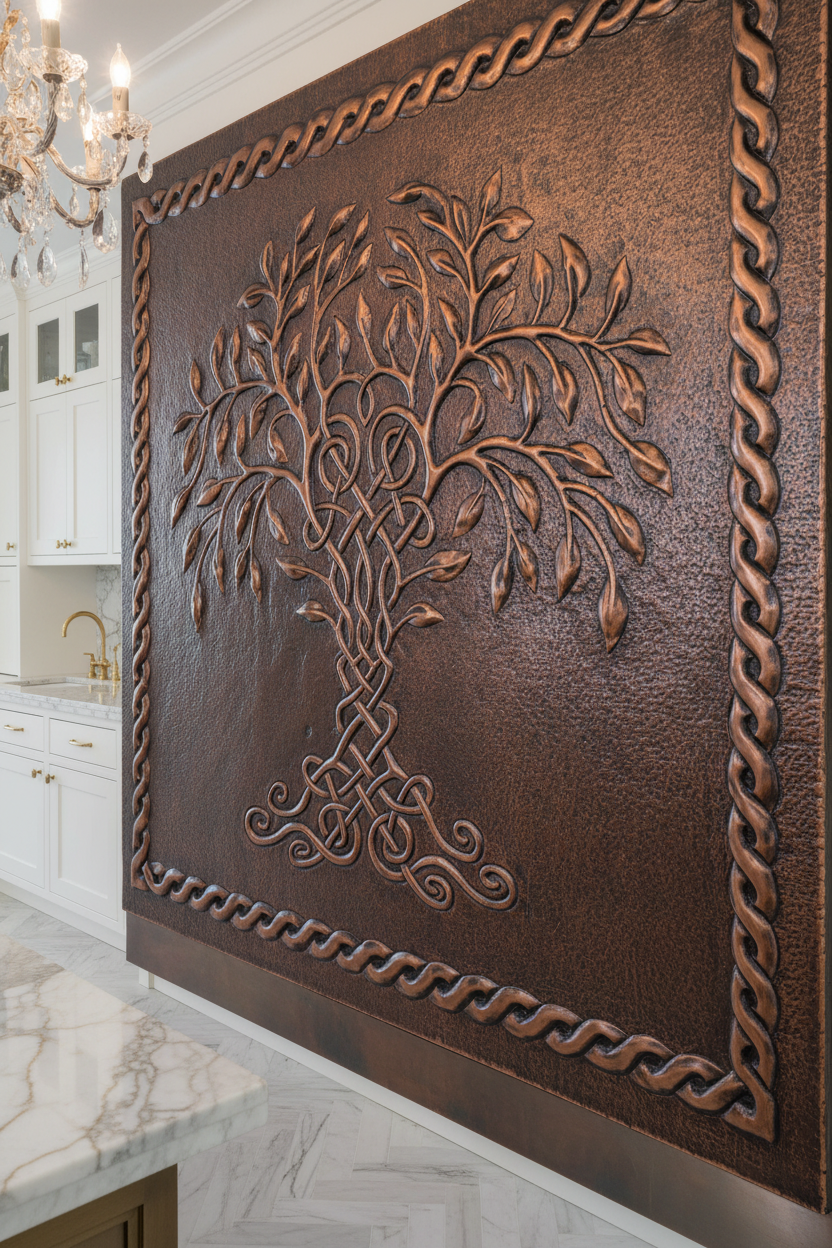 Brown Copper Celtic Tree of Life Panel EXTREMELY CLOSE Stove Backsplash Slight Angled Right View Dream Luxury Kitchen