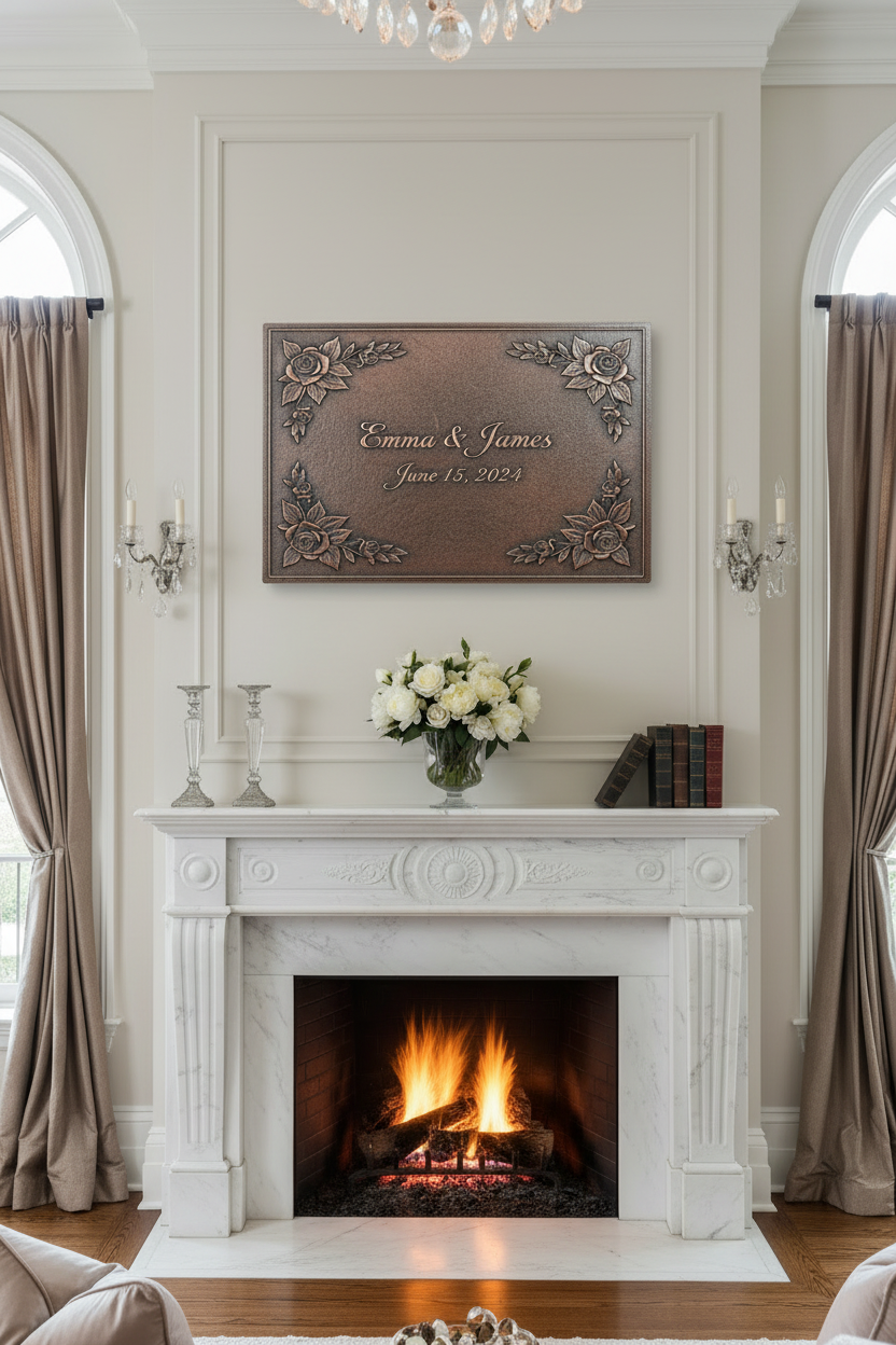 Brown Copper Personalized Name Sign EXTREMELY CLOSE Above Fireplace Dream Luxury Living Room