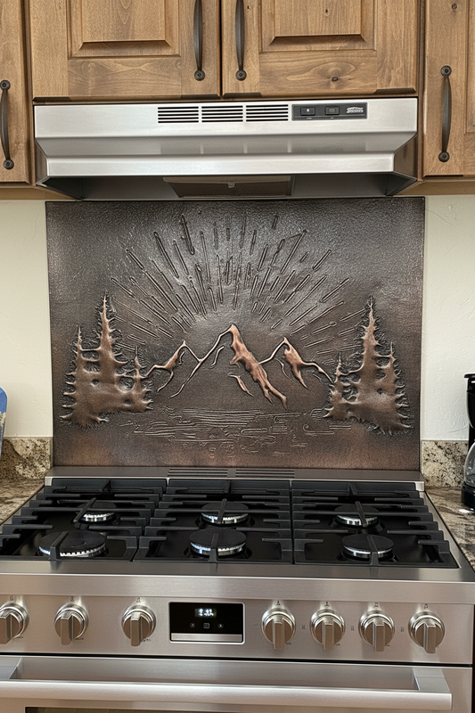 Brown Mountain Sunrise Copper Backsplash - close-up front view