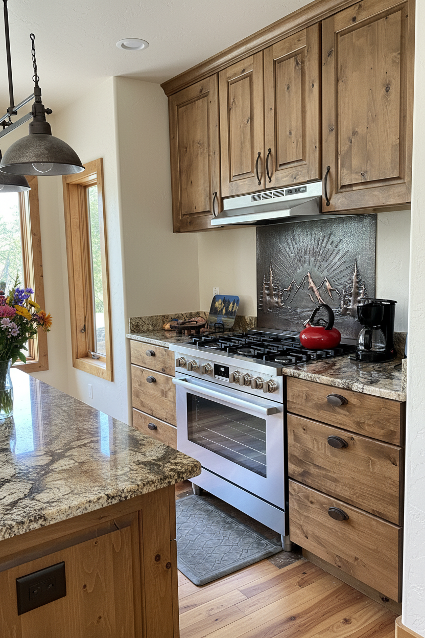 Brown Mountain Sunrise Copper Backsplash - rustic farmhouse kitchen