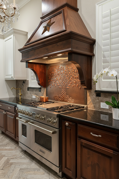 Brown Tree of Life Copper Backsplash Large Panel EXTREMELY CLOSE Angled Left View Handmade Kitchen Wall Art Ultra Luxury Elegant Upscale Kitchen Stove Backsplash