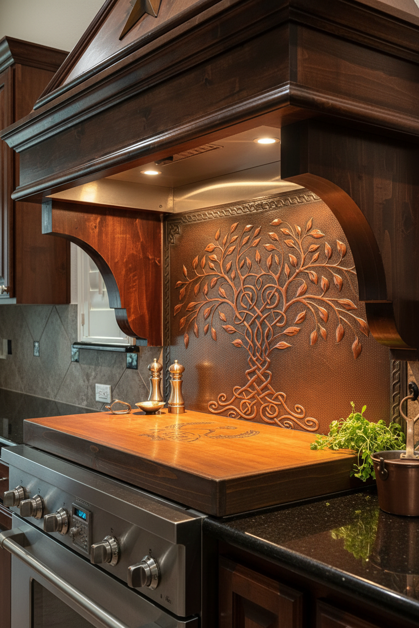 Brown Tree of Life Copper Backsplash Large Panel EXTREMELY CLOSE Angled Left View Handmade Kitchen Wall Art Ultra Luxury Rustic Farmhouse Kitchen Stove Backsplash