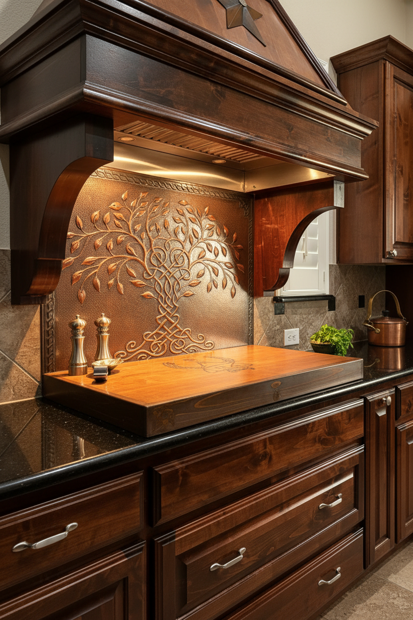 Brown Tree of Life Copper Backsplash Large Panel EXTREMELY CLOSE Angled Right View Handmade Kitchen Wall Art Ultra Luxury Rustic Farmhouse Kitchen Stove Backsplash
