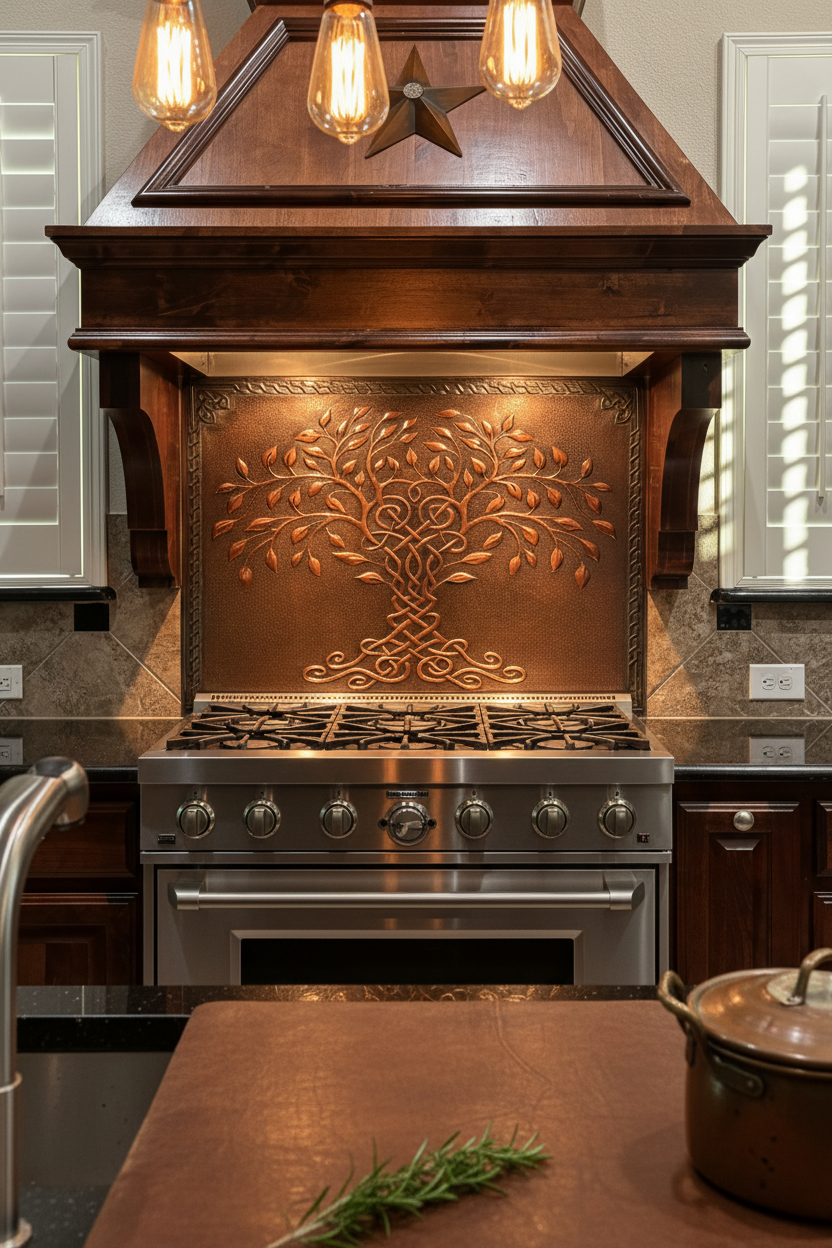 Brown Tree of Life Copper Backsplash Large Panel EXTREMELY CLOSE Front Direct View Handmade Kitchen Wall Art Ultra Luxury Rustic Farmhouse Kitchen Stove Backsplash