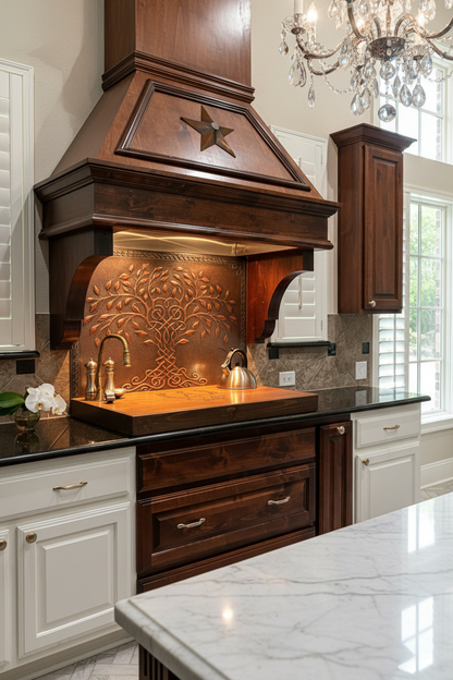 Brown Tree of Life Copper Backsplash Large Panel EXTREMELY CLOSE Slight Angled Left View Handmade Kitchen Wall Art Ultra Luxury Elegant Upscale Kitchen Stove Backsplash