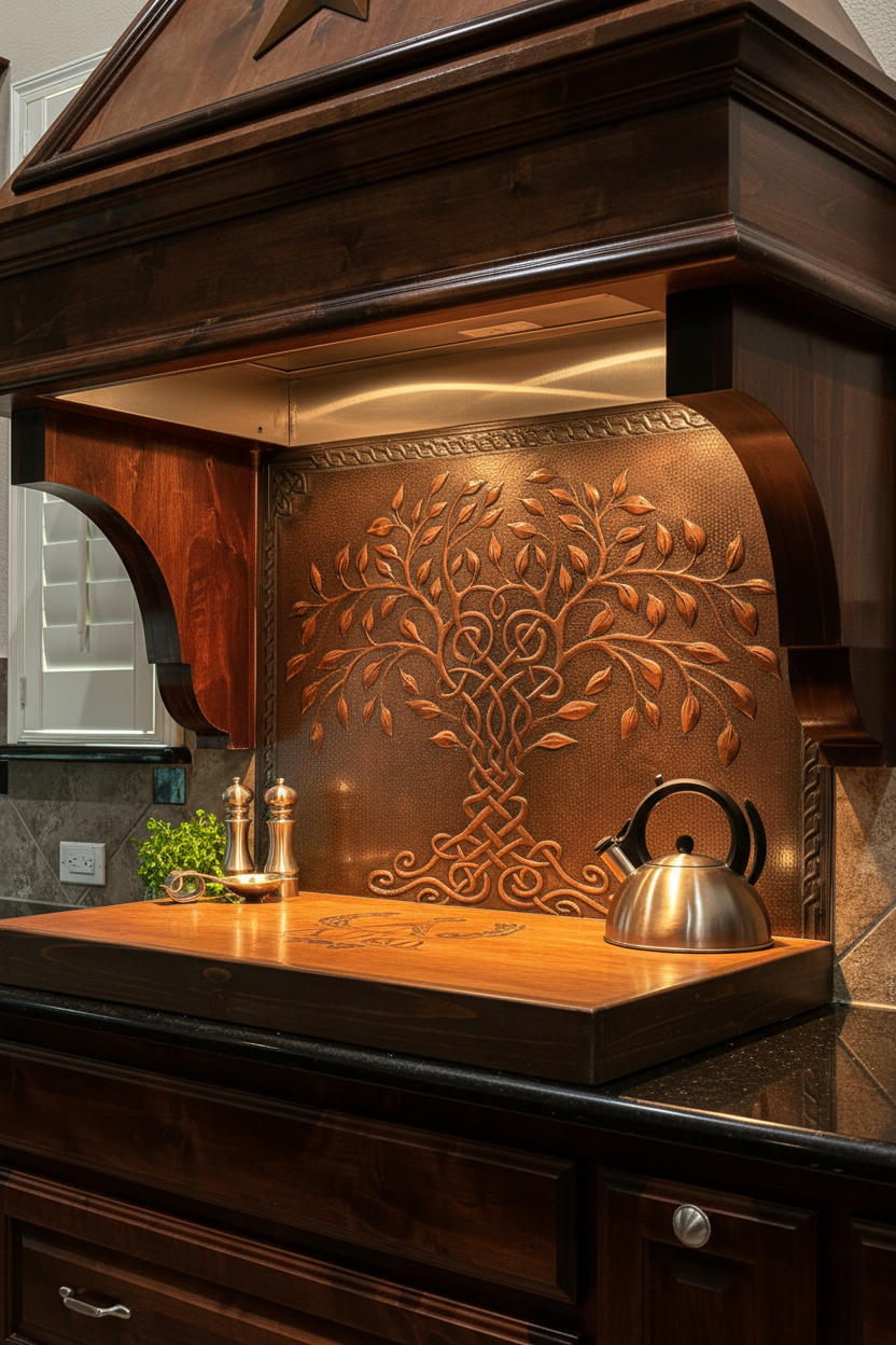 Brown Tree of Life Copper Backsplash Large Panel EXTREMELY CLOSE Slight Angled Left View Handmade Kitchen Wall Art Ultra Luxury Rustic Farmhouse Kitchen Stove Backsplash