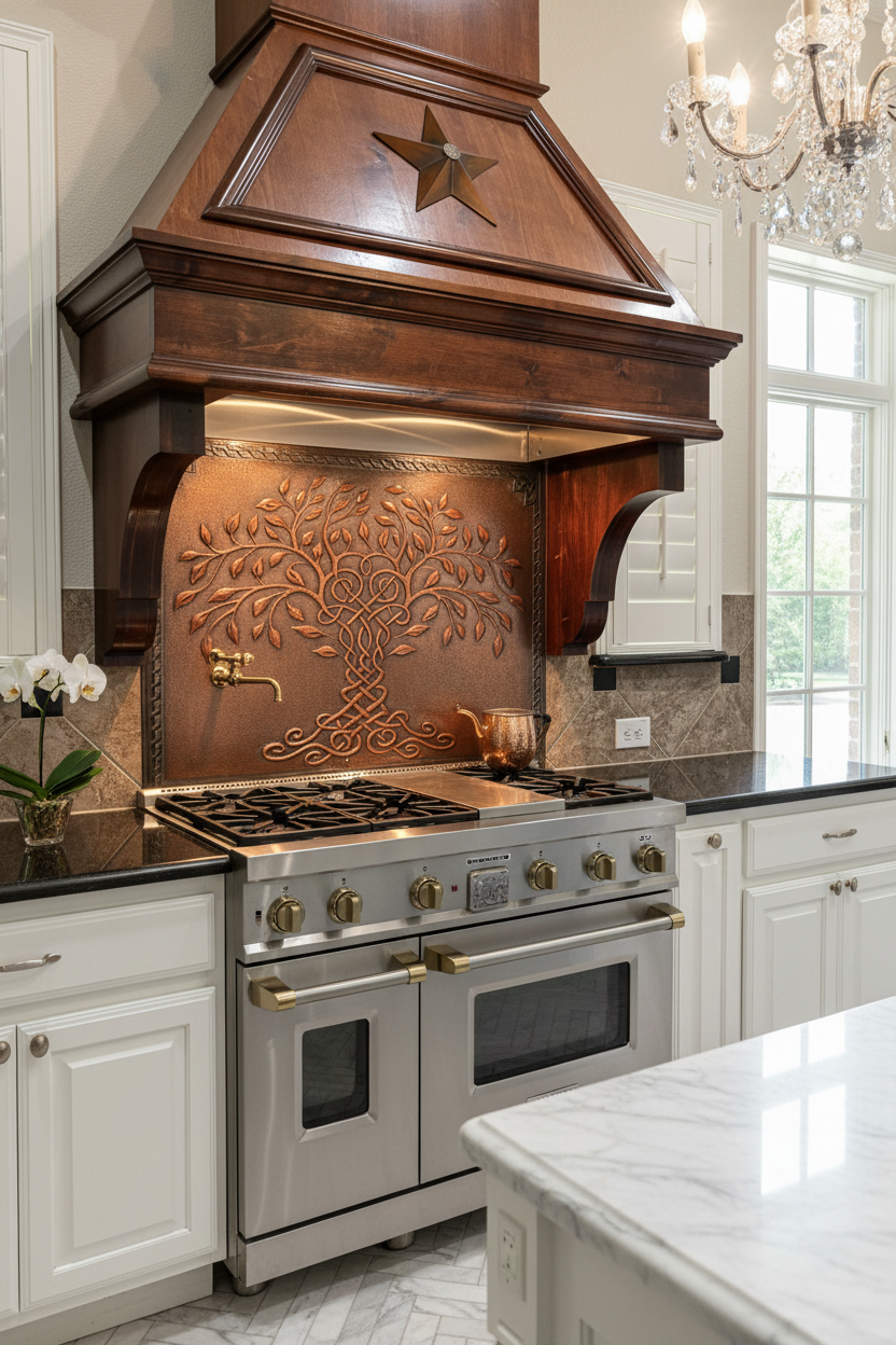 Brown Tree of Life Copper Backsplash Large Panel EXTREMELY CLOSE Slight Angled Right View Handmade Kitchen Wall Art Ultra Luxury Elegant Upscale Kitchen Stove Backsplash
