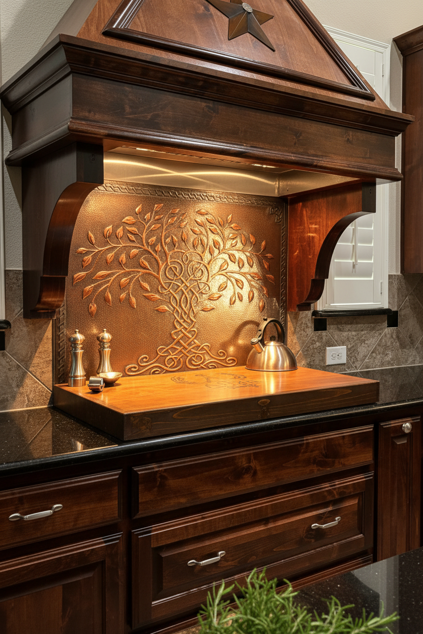 Brown Tree of Life Copper Backsplash Large Panel EXTREMELY CLOSE Slight Angled Right View Handmade Kitchen Wall Art Ultra Luxury Rustic Farmhouse Kitchen Stove Backsplash