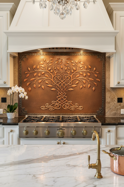 Brown Tree of Life Copper Backsplash Large Panel ULTRA EXTREME CLOSE Front Direct View Handmade Kitchen Wall Art Ultra Luxury Elegant Upscale Kitchen Stove Backsplash
