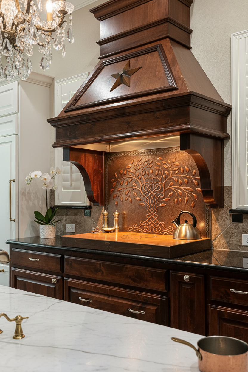 Brown Tree of Life Copper Backsplash Large Panel ULTRA EXTREME CLOSE Slight Angled Left View Handmade Kitchen Wall Art Ultra Luxury Elegant Upscale Kitchen Stove Backsplash