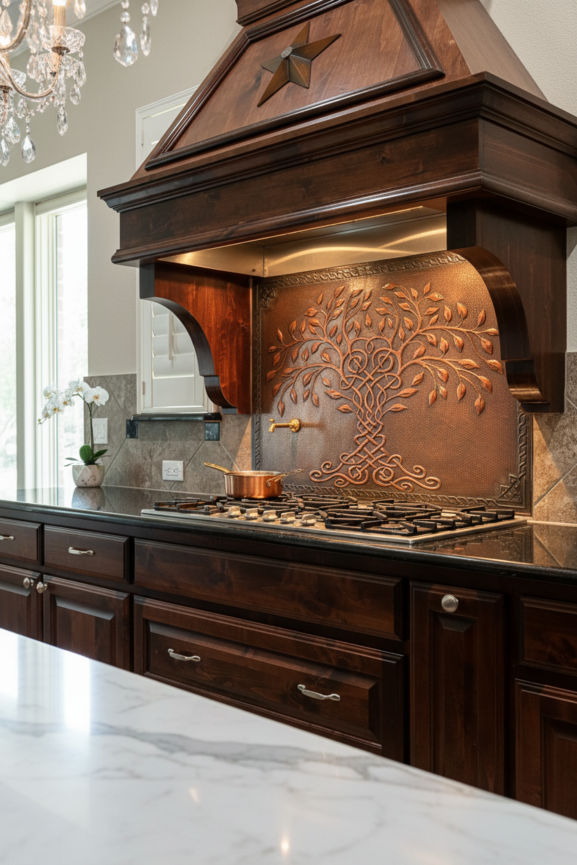 Brown Tree of Life Copper Backsplash Large Panel ULTRA EXTREME CLOSE Slight Angled Right View Handmade Kitchen Wall Art Ultra Luxury Elegant Upscale Kitchen Stove Backsplash