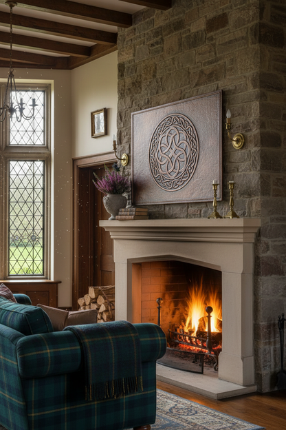 Celtic Knot Copper Wall Art Above Stone Fireplace in Traditional Scottish Manor Living Room
