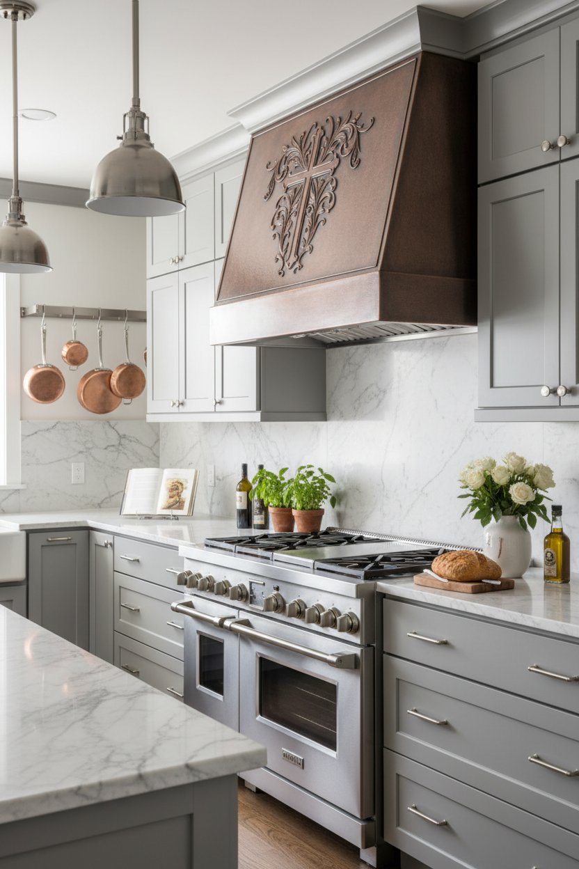 Christian Cross - transitional gray kitchen