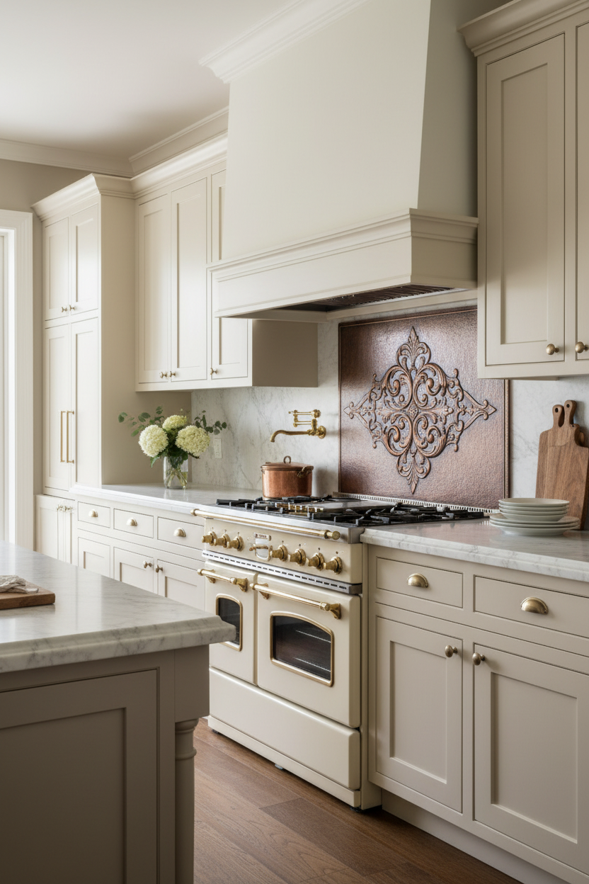 Classic Ornate Scrollwork Copper Backsplash Panel in Elegant Kitchen with Cream Cabinets