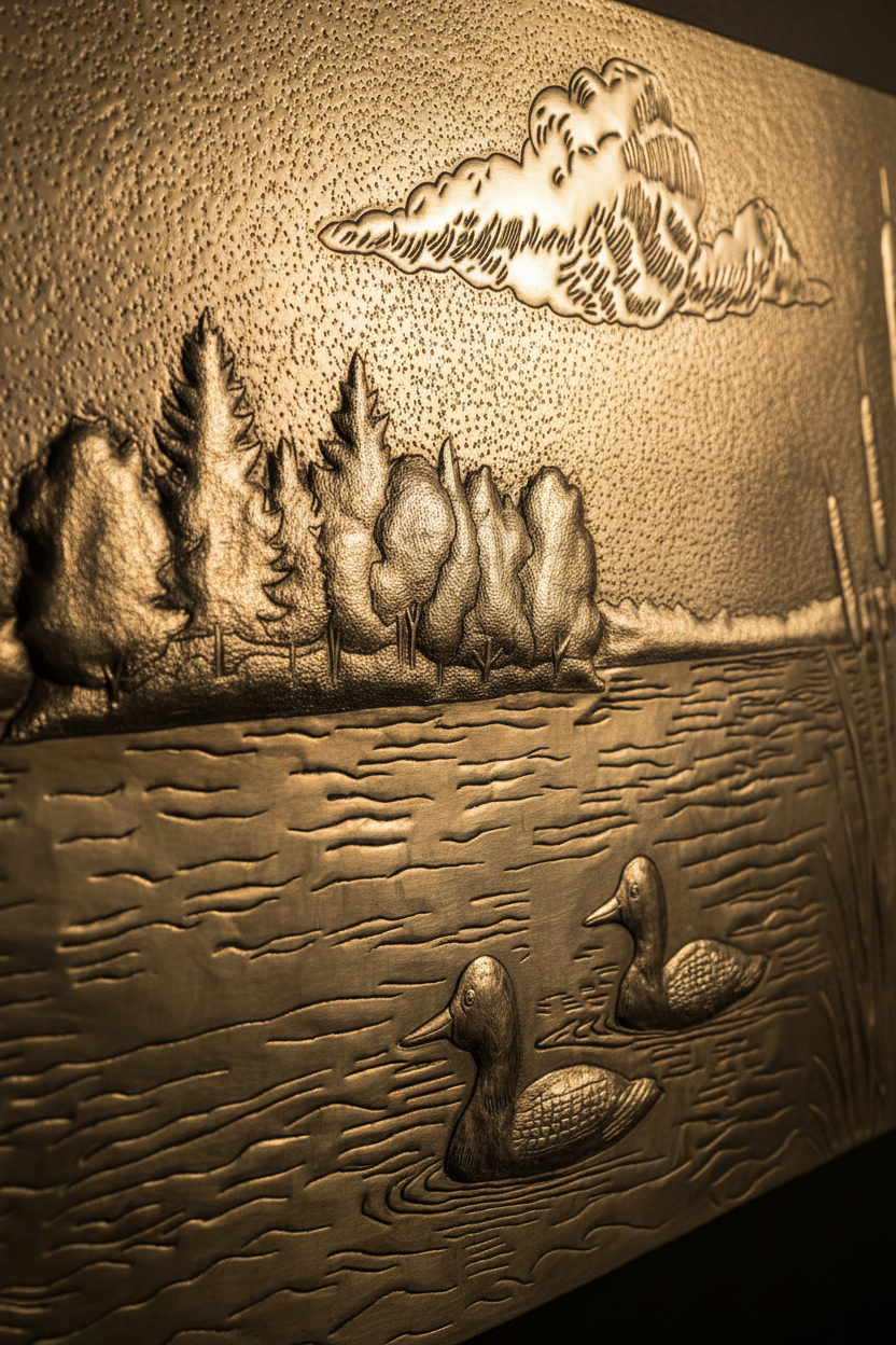Close-up detail of brass lake scene showing raised relief ducks forest and hand-hammered golden brass texture