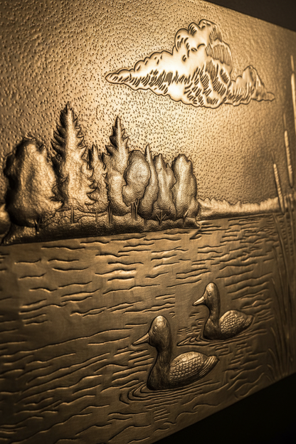 Close-up detail of brass lake scene showing raised relief ducks forest and hand-hammered golden brass texture