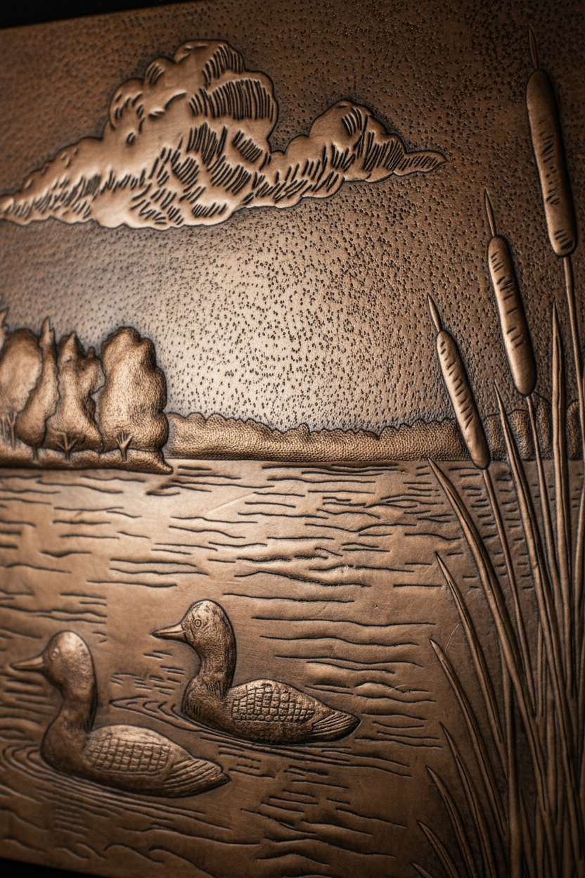 Close-up detail of brown patina lake scene showing raised relief ducks forest and hand-hammered aged copper texture