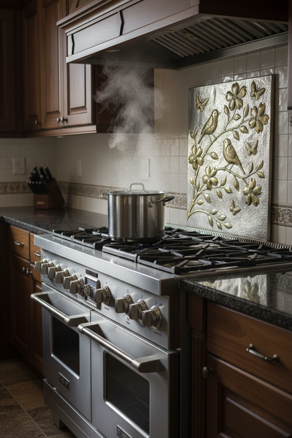 Close-up detail of handcrafted birds and flowering branches metal backsplash with dimensional embossing