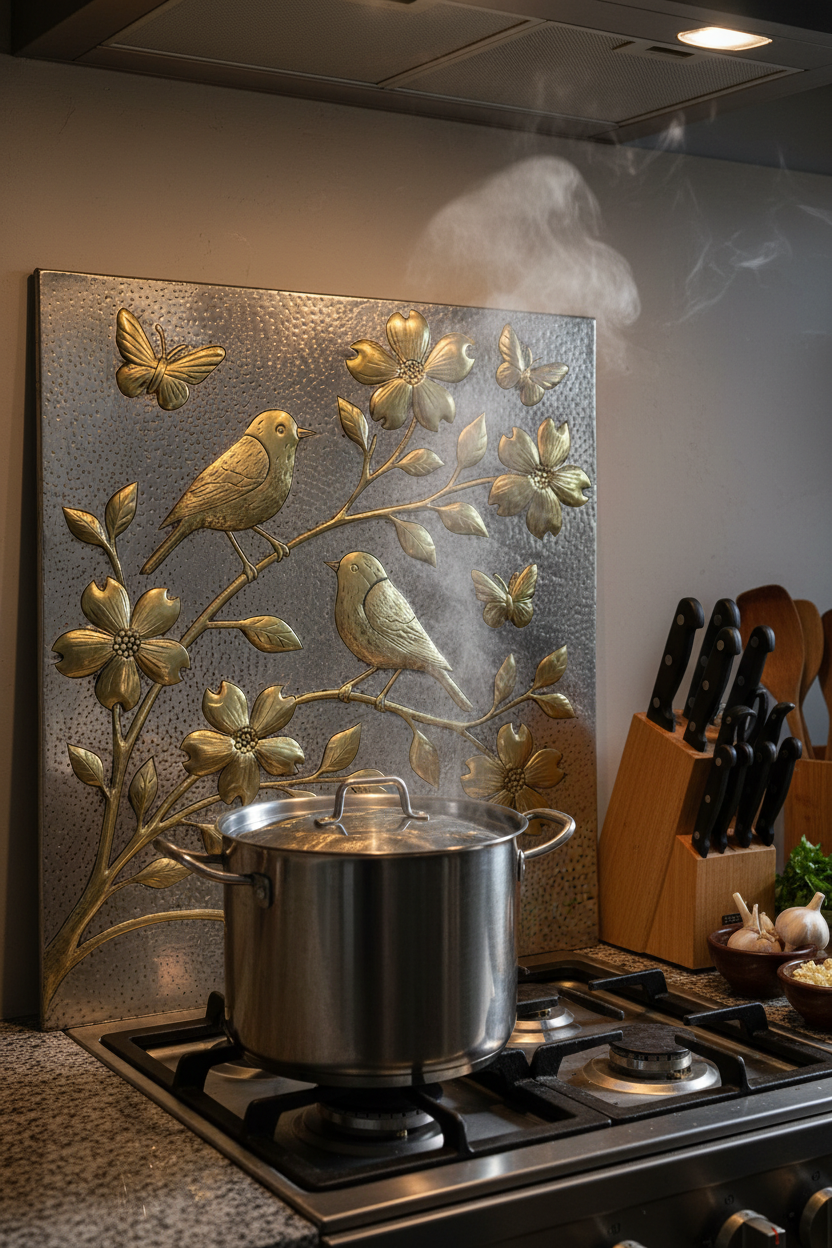 Close-up of gold and silver metal backsplash in use showing heat-safe hand-hammered relief panel