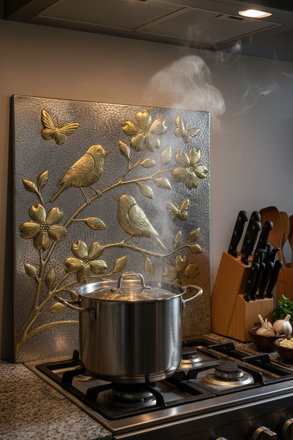 Close-up of gold and silver metal backsplash in use showing heat-safe hand-hammered relief panel