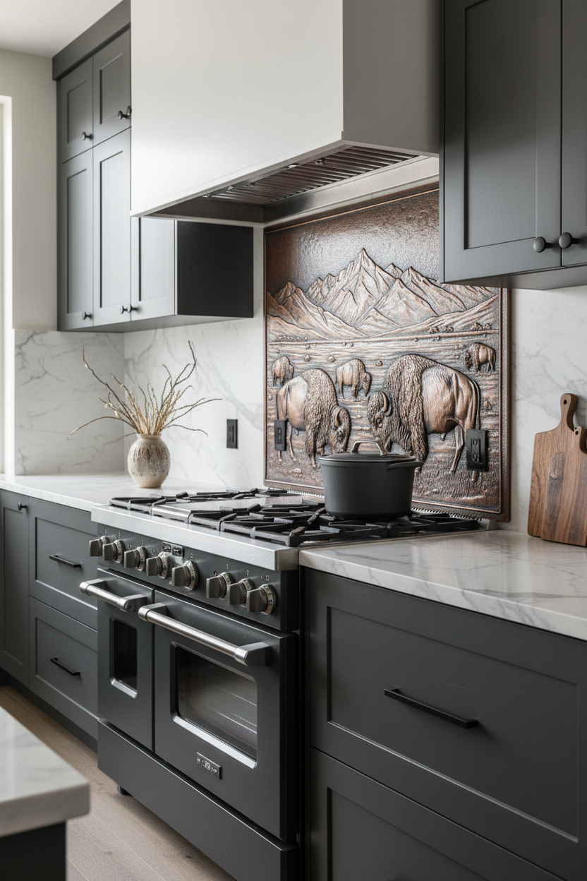 Contemporary Bison in Valley Copper Backsplash in Modern Rustic Kitchen with Charcoal Cabinets