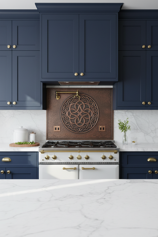 Contemporary Celtic Knot Copper Backsplash in Modern Navy Blue Kitchen with White Marble