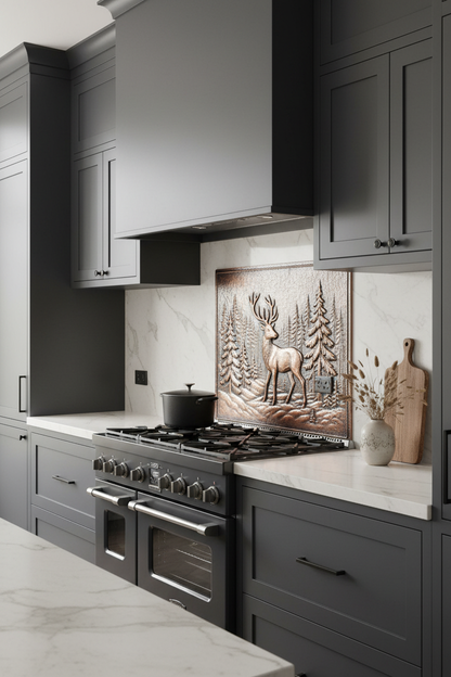 Contemporary Copper Deer Forest Panel Backsplash in Modern Rustic Kitchen with Charcoal Cabinets