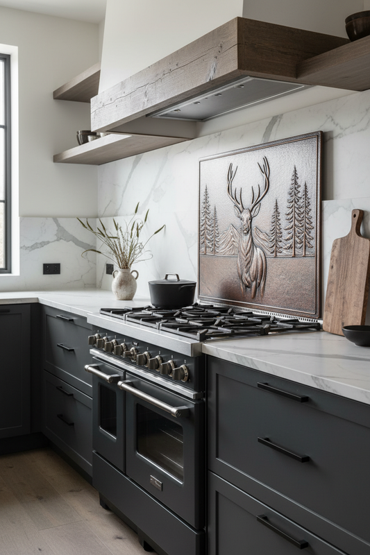 Contemporary Deer in Forest Copper Backsplash in Modern Rustic Kitchen with Charcoal Cabinets