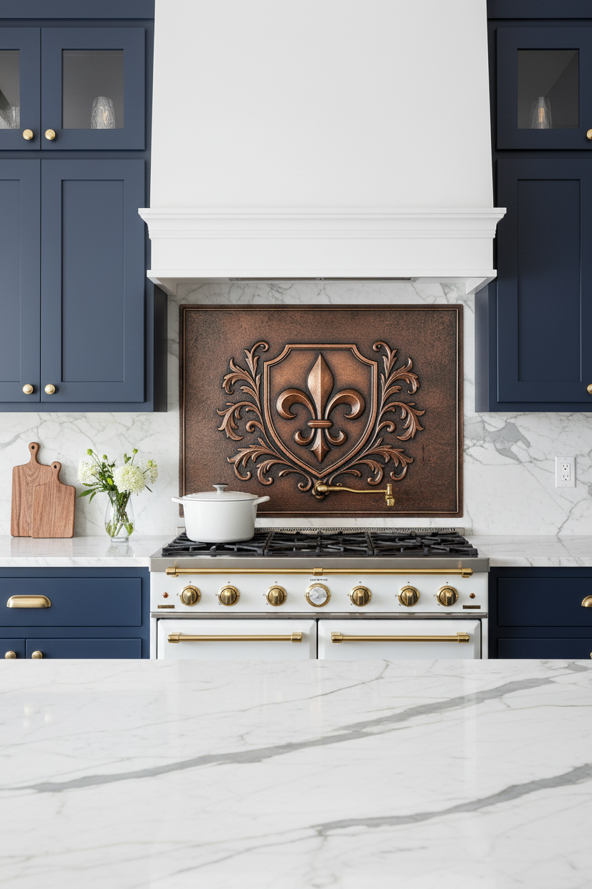 Contemporary Fleur-de-Lis Copper Backsplash in Modern French Kitchen with Navy Cabinets