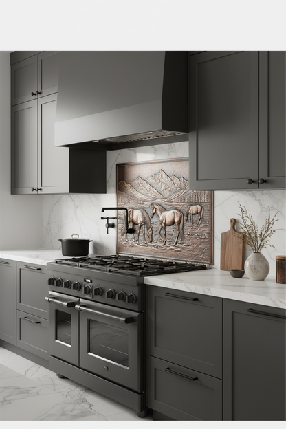 Contemporary Horses in Valley Copper Backsplash in Modern Western Kitchen with Charcoal Cabinets