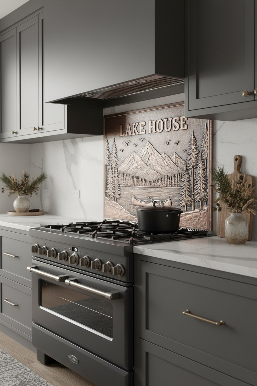 Contemporary Lake House Copper Backsplash in Modern Cabin Kitchen with Charcoal Cabinets