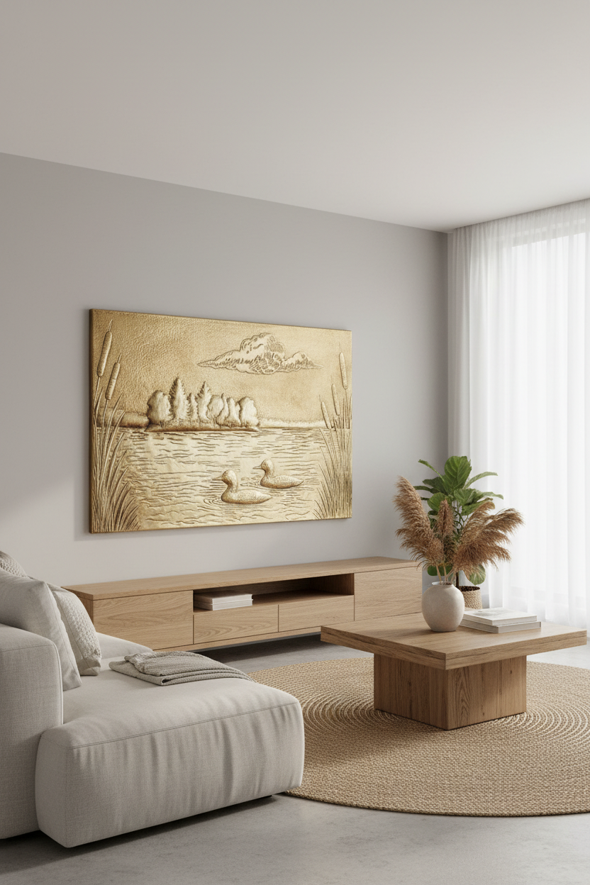 Contemporary living room with brass lake scene wall art in warm golden metallic finish as sophisticated statement piece