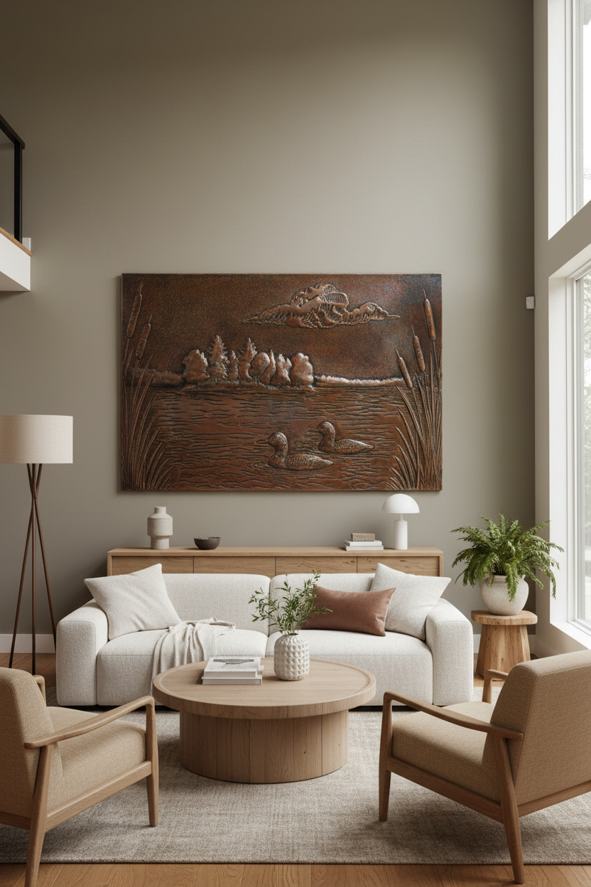 Contemporary living room with brown patina lake scene wall art in warm earthy tones as nature-inspired statement piece