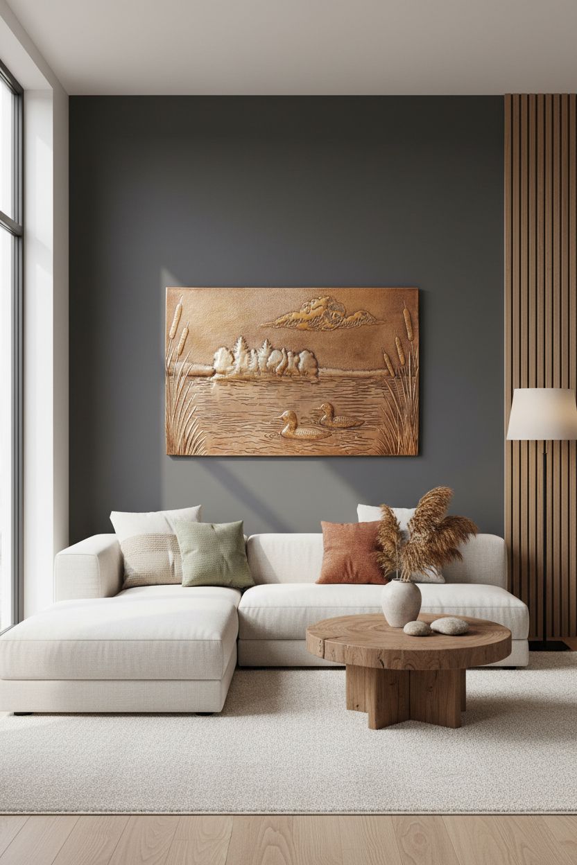 Contemporary living room with natural copper lake scene wall art in warm metallic finish as organic statement piece