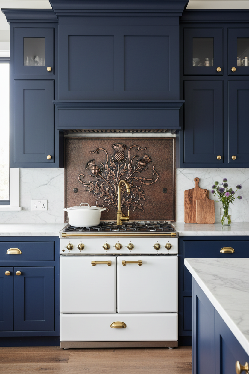 Contemporary Thistle & Scroll Copper Backsplash in Modern Celtic Kitchen with Navy Cabinets