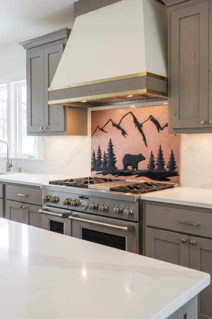 Copper and black bear backsplash installed in contemporary rustic kitchen 50-62 inches