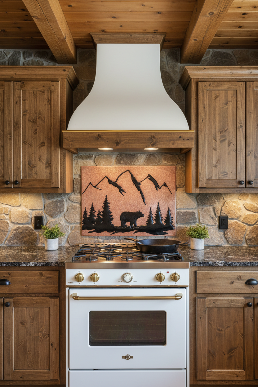 Copper and black bear backsplash installed in mountain cabin kitchen 50-62 inches