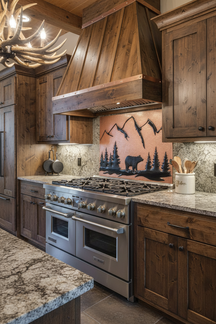 Copper and black bear backsplash installed in rustic lodge kitchen 48-60 inches