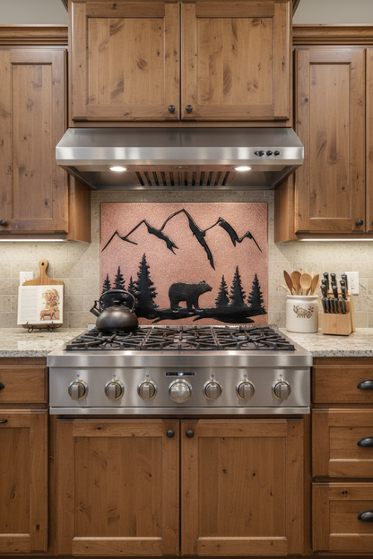 Copper and black bear backsplash installed in transitional lodge kitchen 48-60 inches