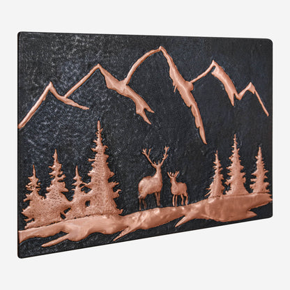 Copper Backsplash Panel (Mountain Behind the Deer in the Forest, Black&Copper Color)