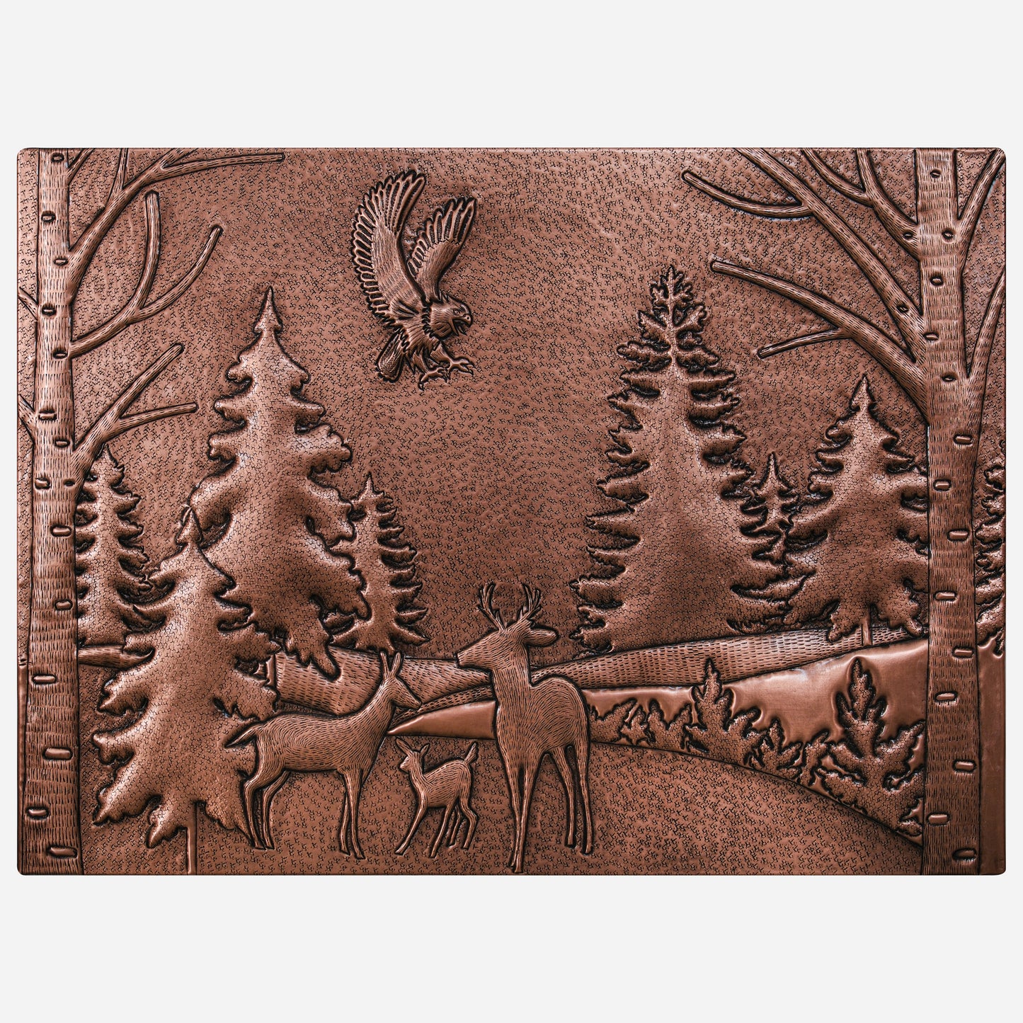 Copper Backsplash Panel (Eagle, Pine and Oak Trees and Deer Family Forest Landscape)