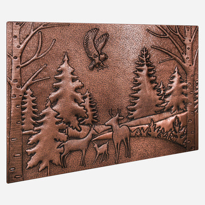 Copper Backsplash Panel (Eagle, Pine and Oak Trees and Deer Family Forest Landscape)