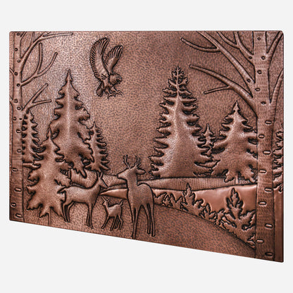 Copper Backsplash Panel (Eagle, Pine and Oak Trees and Deer Family Forest Landscape)