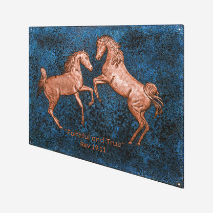 Copper Backsplash (Two Rearing Horses, Blue Patina)