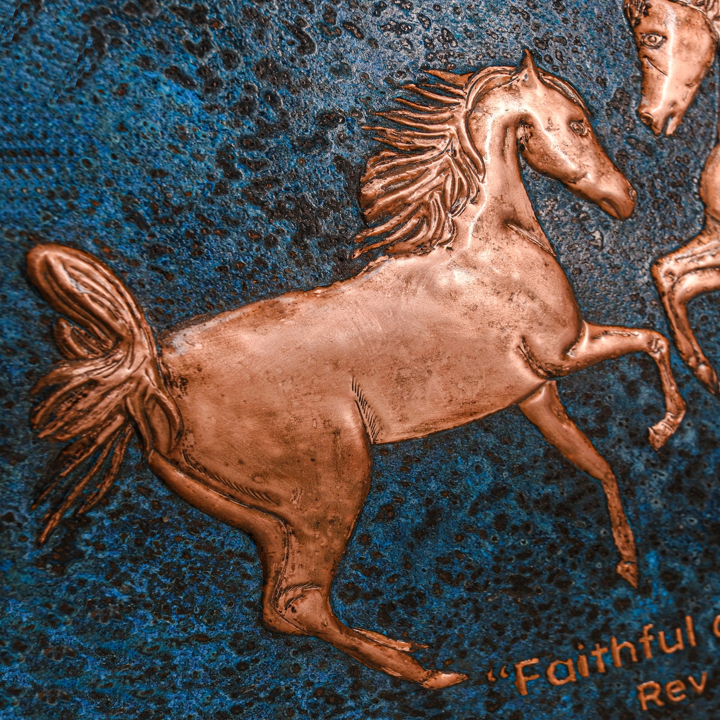 Copper Backsplash (Two Rearing Horses, Blue Patina)