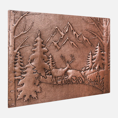 Copper Backsplash Panel (Mountains, Pine Trees and Deer Landscape)