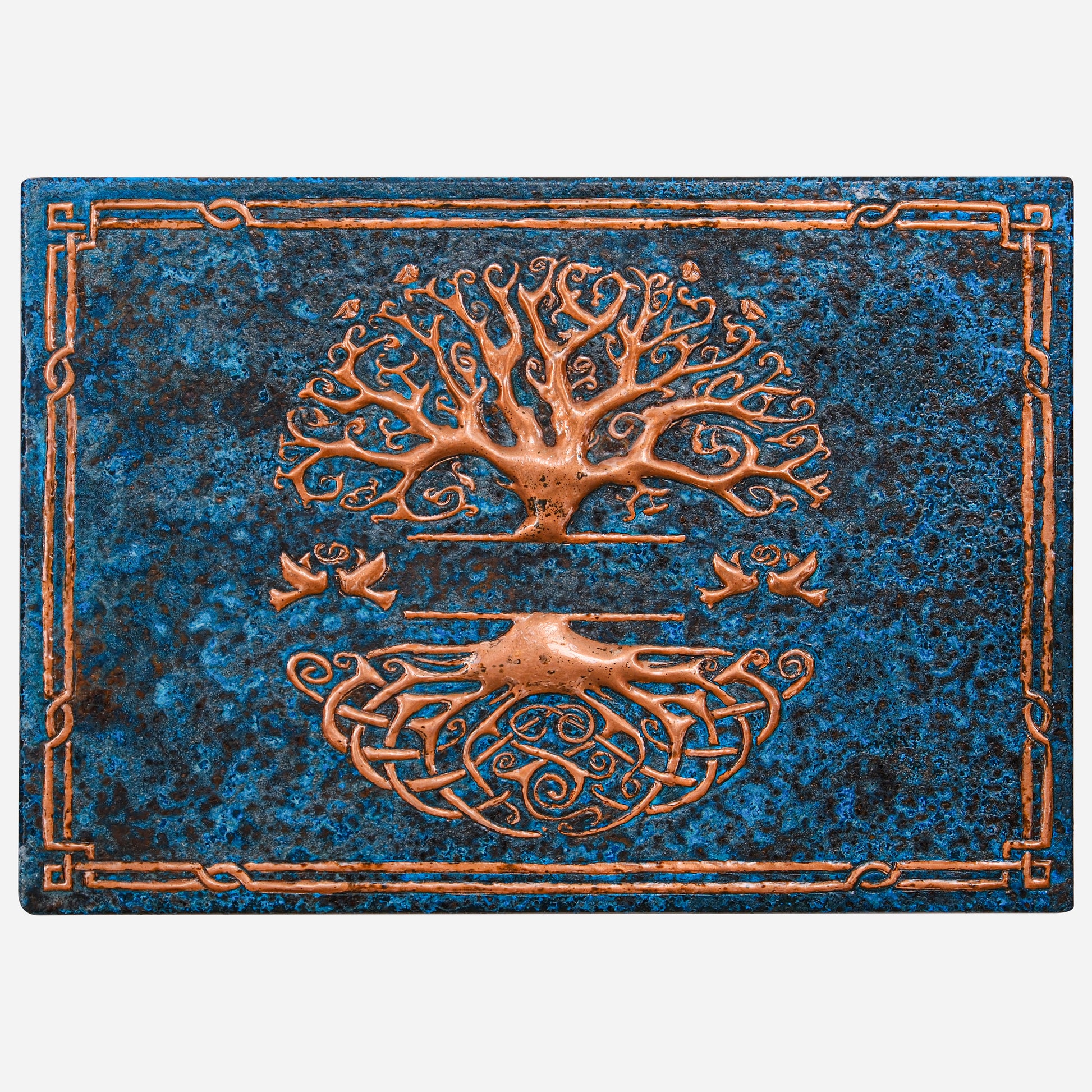 Copper Family Name Sign (Split Tree of Life, Dove and Robin Birds, Blue Patina)