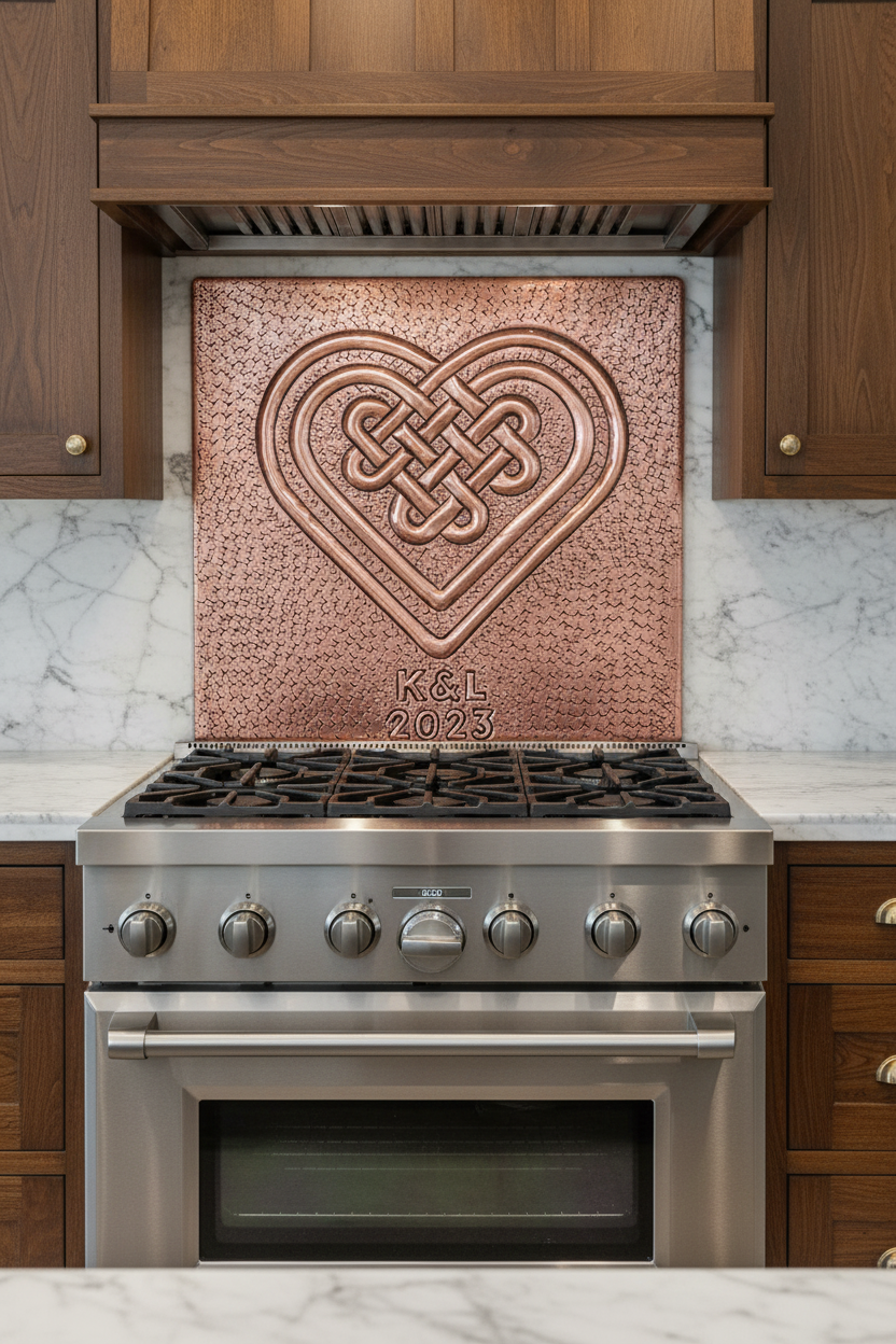 Copper Backsplash Celtic Heart Love Knot - close front view